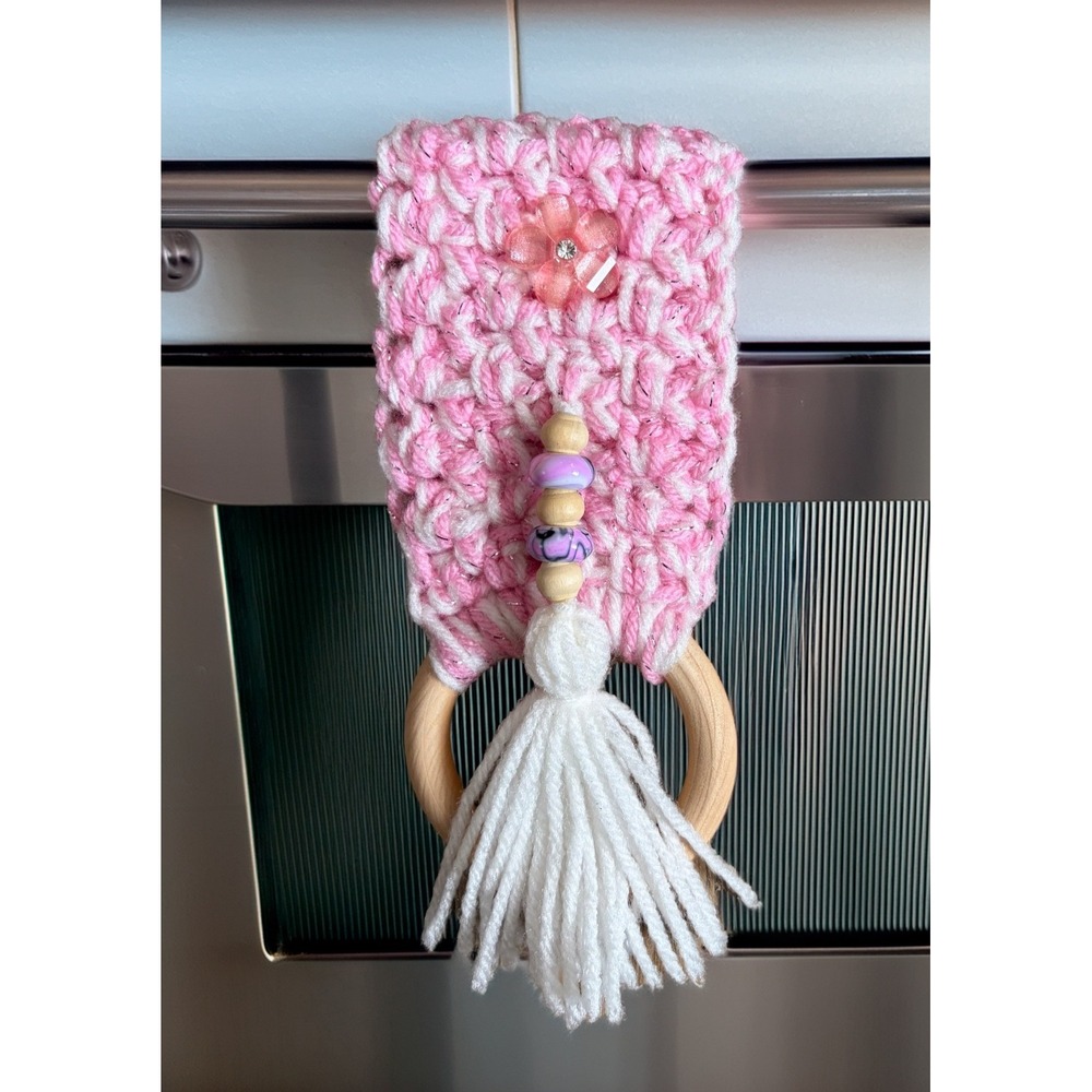 Crochet Handmade Kitchen Dish Towel Holder Pink with Button Wood Ring